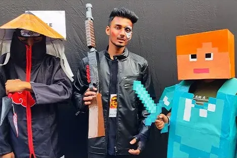 Students in game-character costumes at Arena Animation JM Road