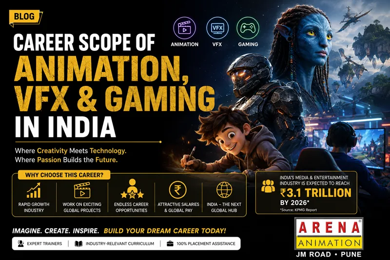 Animation and VFX students working on gaming projects at Arena Animation JM Road Pune
