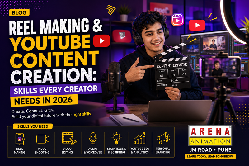 Content creator editing Instagram reel and YouTube video at Arena Animation JM Road Pune