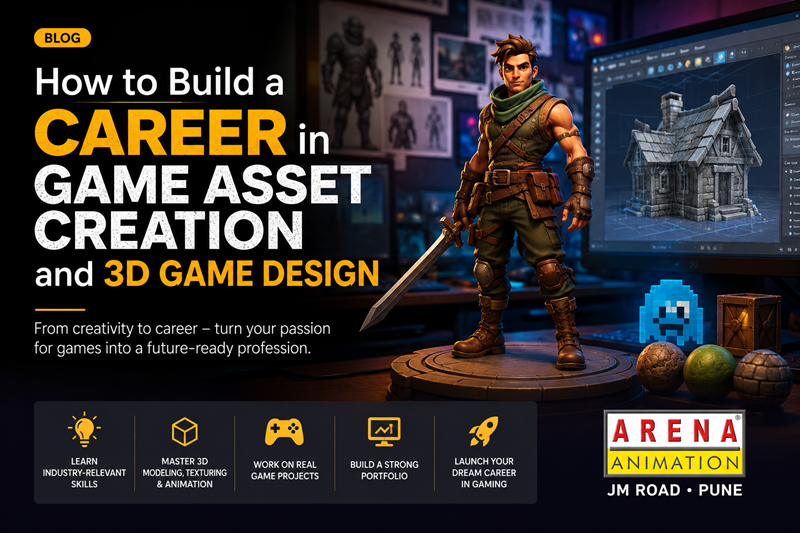 Student creating 3D game assets on computer at Arena Animation JM Road Pune